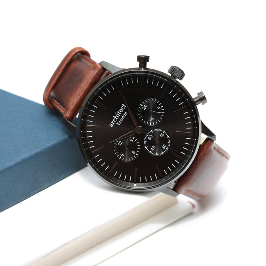 Men's Architect Motivator In Black With Walnut Strap - Modern Font