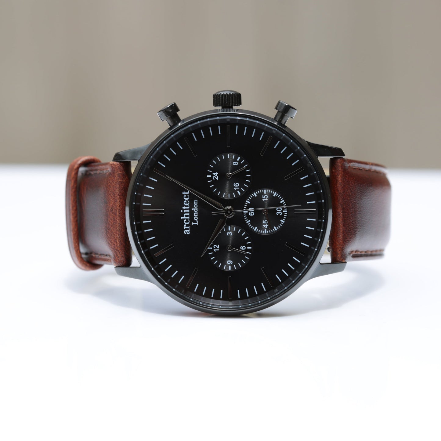 Men's Architect Motivator In Black With Walnut Strap - Modern Font